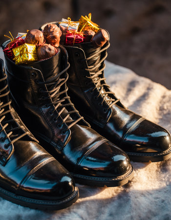 Black leather boots with Christmas gifts on the snow. Winter holidays.の素材