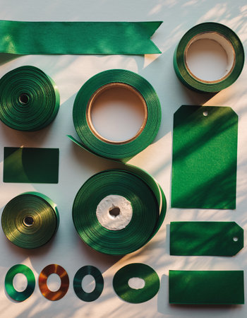 top view of green ribbons and labels on white surface with shadowsの素材
