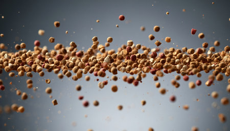 3D rendering of a bunch of wheat grains falling in the airの素材