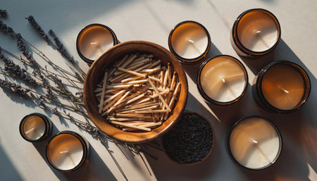 top view of candles and lavender flowers in wooden bowl on tableの素材