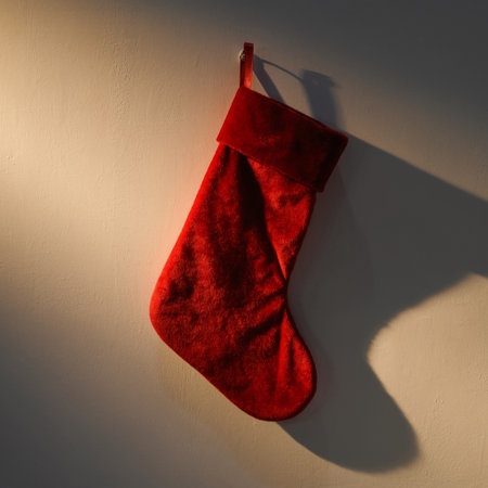 Red christmas stocking hanging on a white wall with sunlight and shadowの素材
