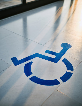 Disabled sign on the floor in a corridor of an airport.の素材