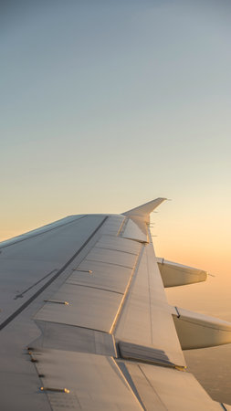 Wing of an airplane flying above the sea in the evening light.の素材