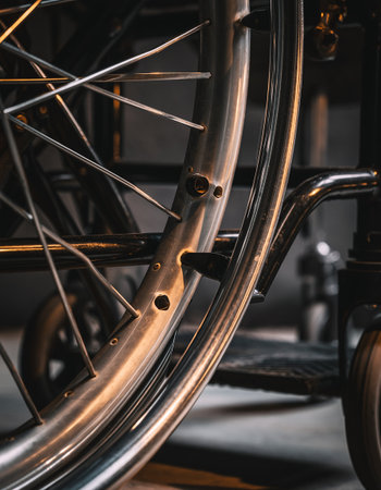 Close up of a wheel of a wheelchair in a hospital or rehabilitation center.の素材