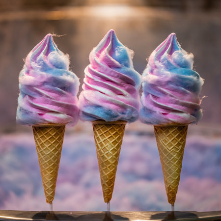 Ice cream in a waffle cone on a background of blue and pink ice creamの素材