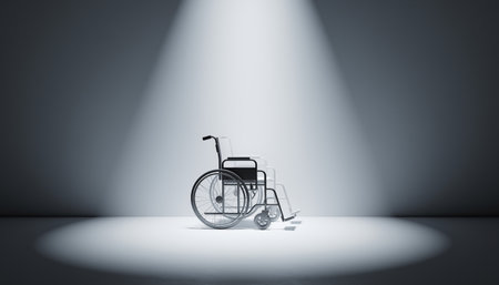 Wheelchair in front of a white wall with spotlight. 3D renderingの素材
