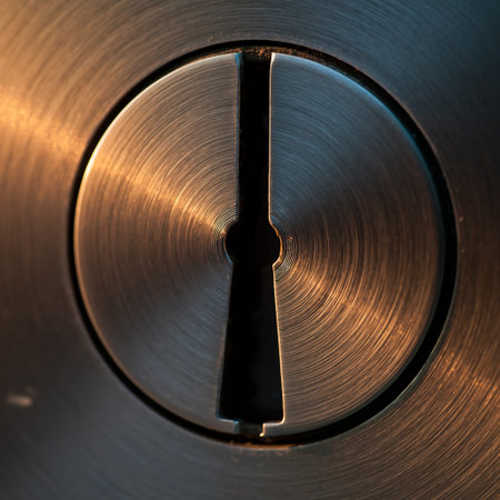 Close up of a keyhole in a steel door lock. Selective focus.の素材
