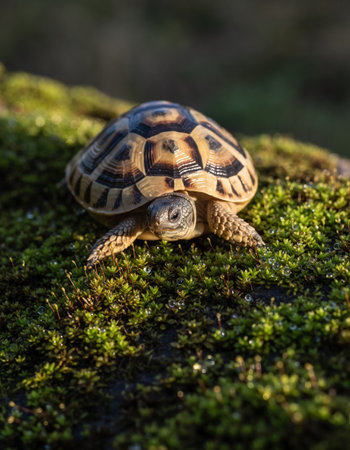 African spurred tortoise (Geochelone sulcata) on the mossの素材