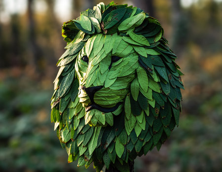 Lion face made of green leaves in the forest. Halloween conceptの素材