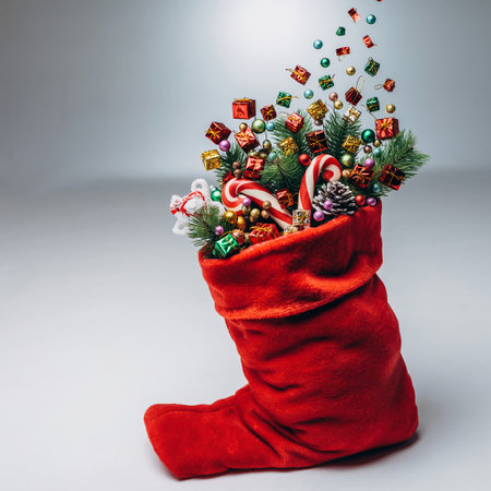 christmas sock with gifts and candy canes on a gray backgroundの素材