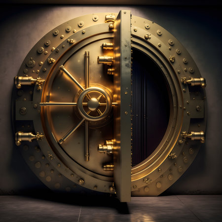 3d rendering of a metal bank vault door with golden coins insideの素材