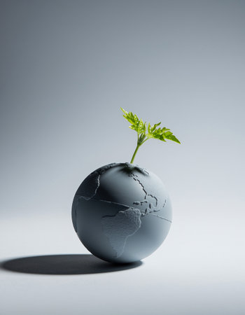Plant sprouting from a cracked egg. Concept of global warming.の素材