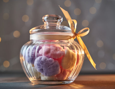 Glass jar with colorful candies on table against blurred lights, closeupの素材