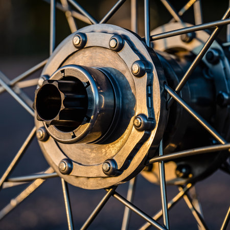 Close-up of a motorcycle wheel. Selective focus and shallow depth of field.の素材