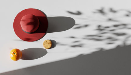 top view of red hat, orange and cookies on white background with shadowsの素材