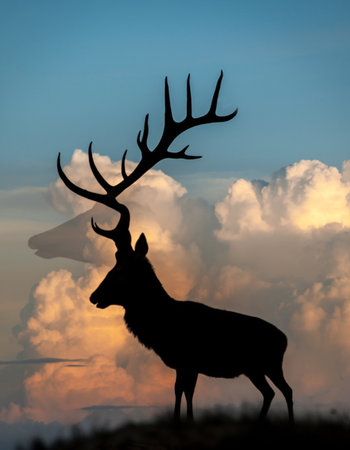 Silhouette of a deer on a background of the sky.の素材