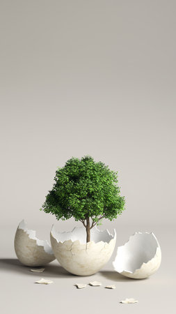 Eco concept with tree in cracked eggshell. 3D renderingの素材