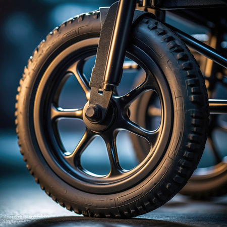 Wheel of a wheelchair close-up.の素材