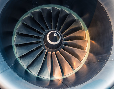Close up of a turbofan engine with a yin yang symbolの素材