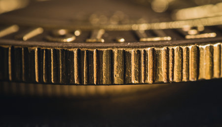 Close up of gold coins with shallow depth of field. Business concept.の素材
