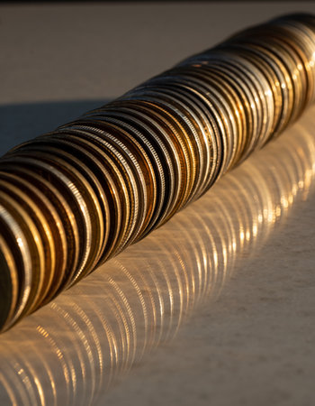 Coins stacked on each other in different positions. Shallow depth of fieldの素材