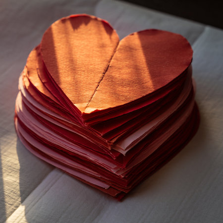 Red paper hearts on the table. Valentine's Day. Selective focus.の素材