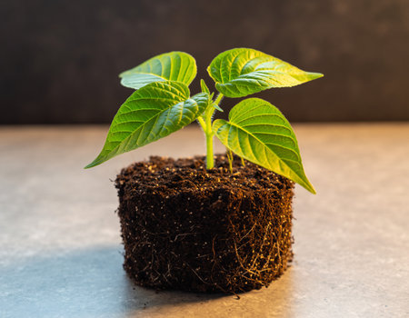 Green seedling in soil on dark background, selective focus. Growing plants conceptの素材