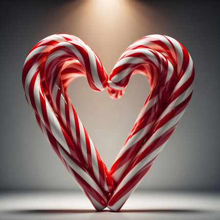 Red and white striped candy canes in the shape of a heart. 3d renderingの素材