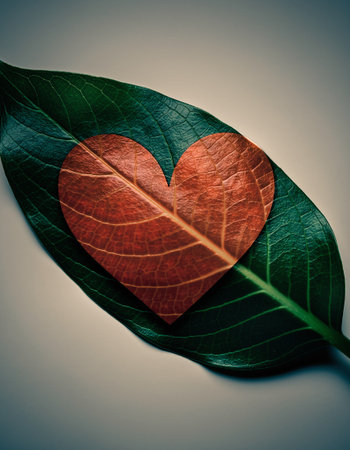 Red heart on a green leaf. Valentine's day concept. Toned.の素材