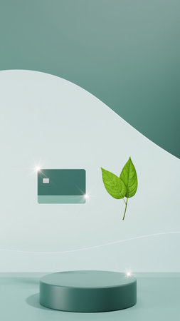 3d render of abstract minimal geometric forms. Glossy podium for product presentation with green leaves.の素材