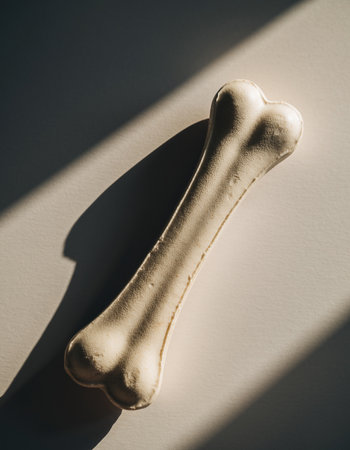 Dog bone on a white background with a shadow. Selective focus.の素材