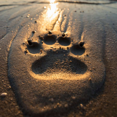 Footprints in the sand on the beach at sunset. Shallow depth of field.の素材