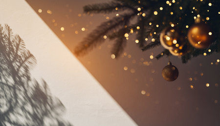 Christmas tree branch with golden balls and bokeh lights on white backgroundの素材