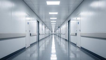 Interior of a hospital corridor with white walls and long corridor.の素材