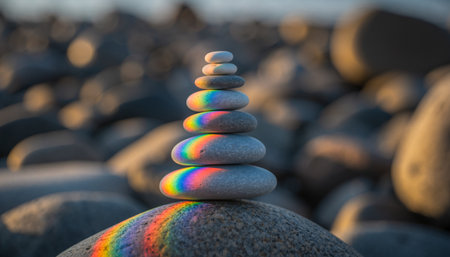 Stack of zen stones on the beach at sunset. Zen conceptの素材