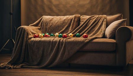 Cozy sofa with christmas balls on wooden floor in living roomの素材