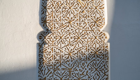 Detail of a typical moroccan white wall with arabic ornamentの素材