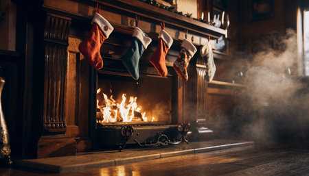 Christmas and New Year holidays concept. Christmas stocking on the fireplace.の素材