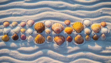 Seashells on white sand background. Top view with copy spaceの素材