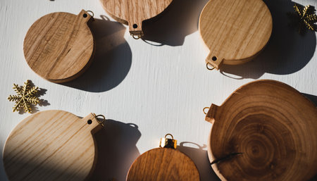 Christmas tree decorations on white wooden background. Christmas and New Year concept.の素材