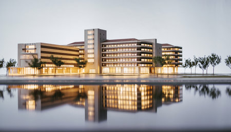 Modern office building with reflection in the water at night. Blurred background.の素材