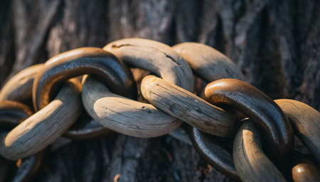 Close up of a chain on a tree trunk. Selective focus.の素材