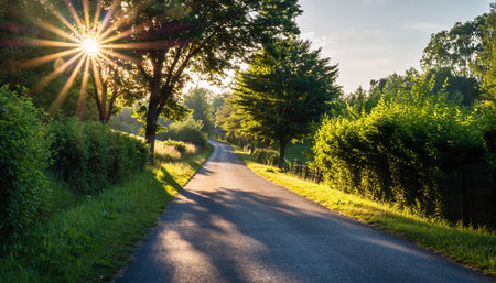 Sunset in the park. Summer landscape with green trees and roadの素材