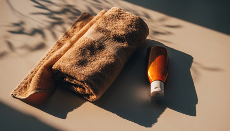towel and sun protection lotion on table in morning sunlightの素材