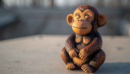 Monkey figurine made of wood on the background of the cityの素材