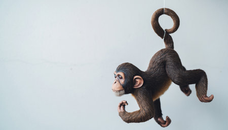 Monkey hanging on a rope on a white wall background with copy spaceの素材