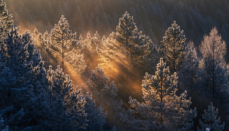 Sunset in the winter forest. The rays of the sun pass through the trees.の素材