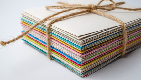 Stack of colorful papers tied with jute twine on white backgroundの素材