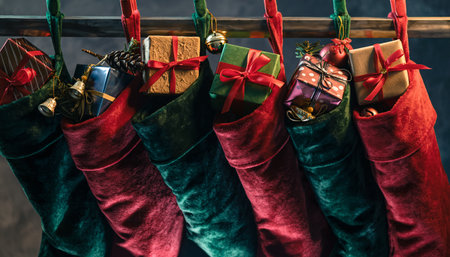 Christmas stocking with gifts hanging on a clothesline against a dark backgroundの素材