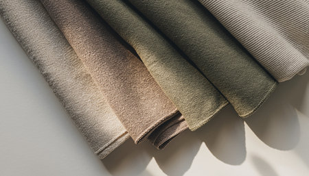 Close up of beige, brown and gray fabric samples on white backgroundの素材